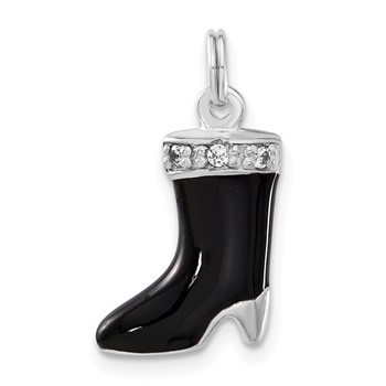Sterling Silver Polished CZ & Black Enamel Boot Charm