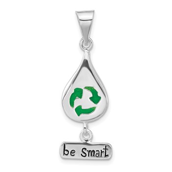 Sterling Silver Polished Enameled Recycle Teardrop Be Smart Pendant