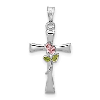 Sterling Silver Platinum-plated Cross with Epoxy Rose Center Pendant