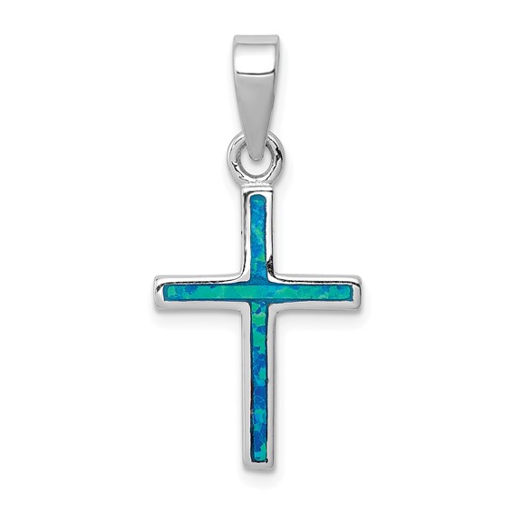Sterling Silver Blue Inlay Created Opal Cross Pendant Sterling Silver Blue Inlay Created Opal Cross Pendant