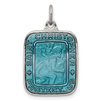 Sterling Silver Blue Enamel Square St. Christopher Medal Pendant