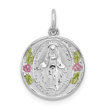 Sterling Silver Platinum-plated Polished Epoxy Miraculous Medal Pendant