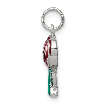Sterling Silver Rhodium-plated Green and Red Enamel Rose Charm — alternate view