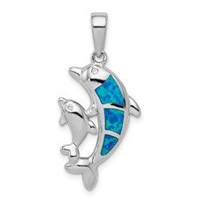 Image of Sterling Silver Rhodium-plated Blue Inlay Created Opal Dolphin Pendant