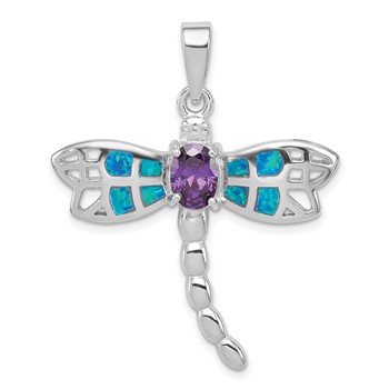 Sterling Silver Rhod plated Creat. Opal Dragonfly Amethyst Pendant