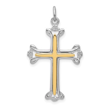 Sterling Silver Platinum-plated Polished Vermeil Budded Cross Pendant