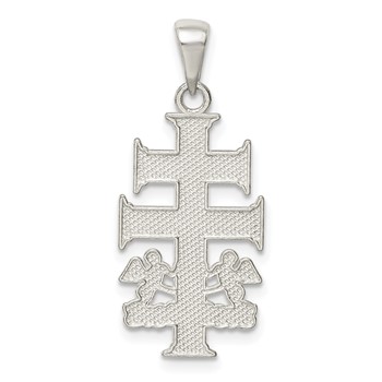 Sterling Silver Polished Caravaca Double Cross with Angels Crucifix Pendant