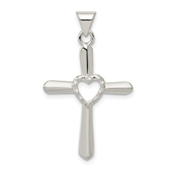 Sterling Silver Polished and Textured Cross with Heart Pendant