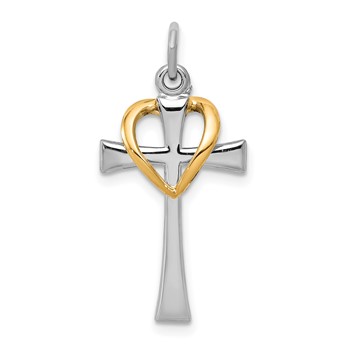 Sterling Silver Platinum-plated and Gold-tone Polished Cross with Heart Pendant