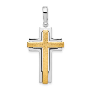 Sterling Silver Rhodium-plated & Gold-tone Brshd/Polished Cross Pendant