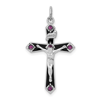 Sterling Silver Platinum-plated Black Epxy Purple CZ INRI Cross Pendant