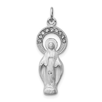 Sterling Silver Platinum-plated Polished & Satin CZ Miraculous Medal Pendan