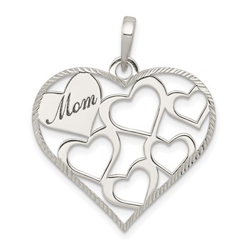 Sterling Silver Polished and Textured 'Mom' Engraved Heart Pendant