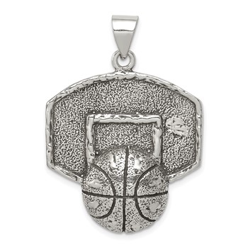 Sterling Silver Antiqued and Textured Basketball with Backboard Pendant