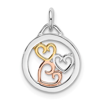 Sterling Silver Rhodium, Rose and Gold-tone Polished Hearts Pendant