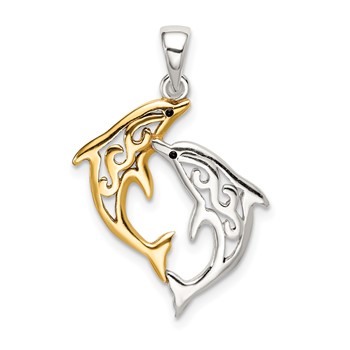 Sterling Silver and Gold-tone Enameled Filigree Dolphins Pendant