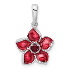 Image of Sterling Silver Rhod-plated Created Ruby and Enamel Flower Pendant