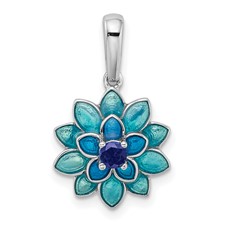 Image of Sterling Silver Rhod-pltd Created Sapphire and Enamel Flower Pendant