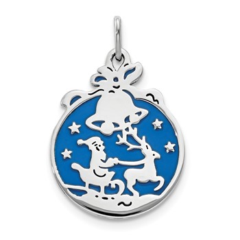 Sterling Silver Rhod-pltd Blue Enamel Santa with Reindeer Circle Pendant