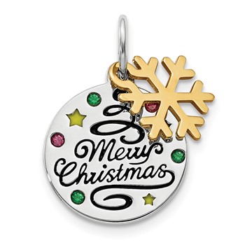 Sterling Silver Gold-tone Enamel CZ Christmas Pendant