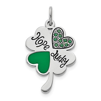 Sterling Silver Polish Enamel Hope Luck CZ Clover Pendant