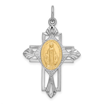 Sterling Silver Platinum-plated Gold-tone Miraculous Medal Cross Pendant