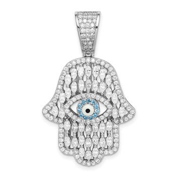 Sterling Silver Rhodium-plated White and Blue CZ Hamsa Eye Pendant