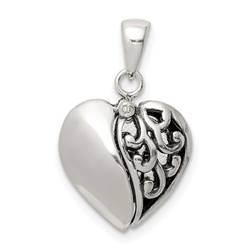 Sterling Silver Polished and Antiqued I LOVE YOU Message within a Decorative Scroll Patterned Moveable Opening Shell Heart Pendant