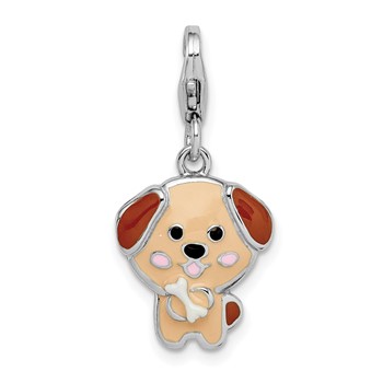 Sterling Silver Rhodium-plated Enameled Puppy with Lobster Clasp Charm