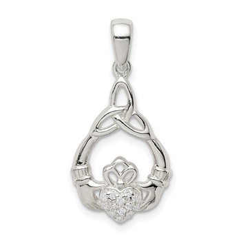 Sterling Silver Polished CZ Claddagh w/Trinity Knot Pendant