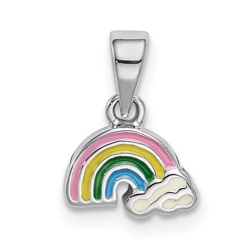 Sterling Silver RH-plated Polished & Enameled Rainbow w/Clouds Pendant