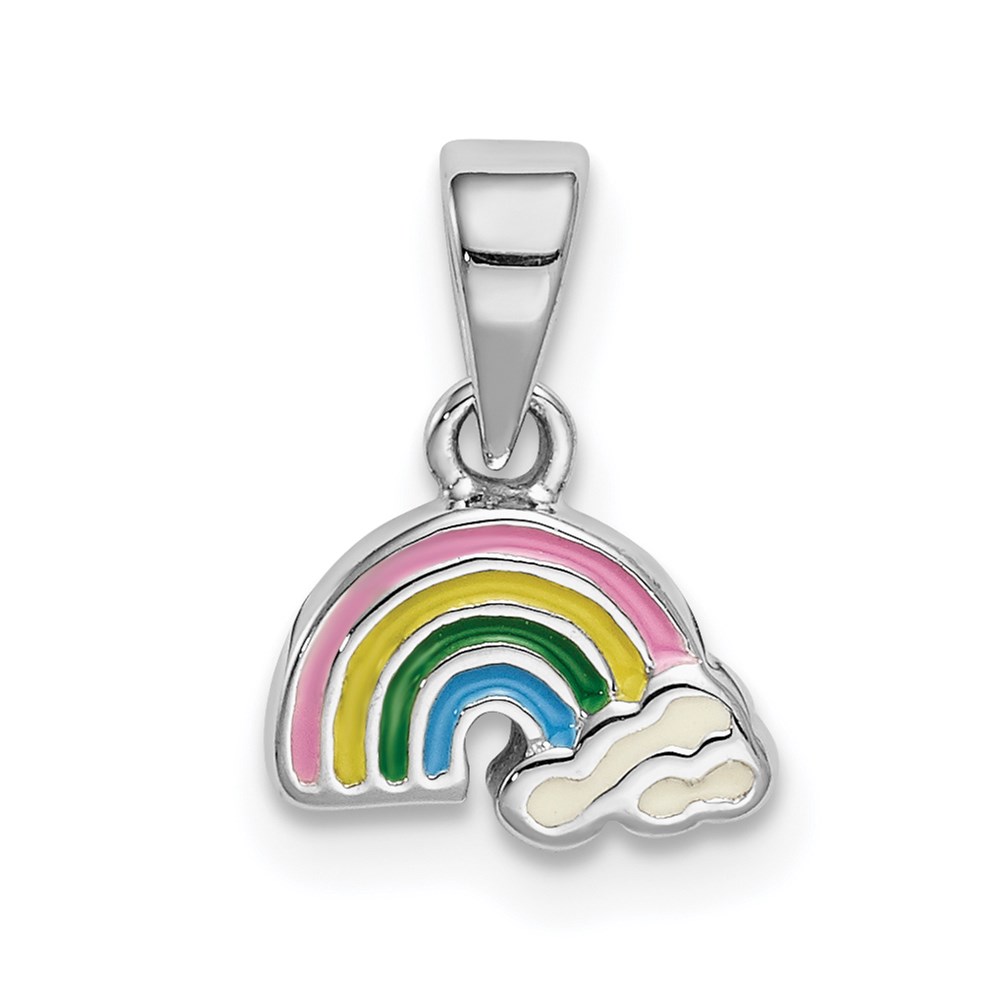 Sterling Silver RH-plated Polished & Enameled Rainbow w/Clouds Pendant