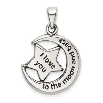 Sterling Silver LOVE YOU TO THE MOON Antiqued Star and Moon Pendant