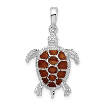 De-Ani Sterling Silver Rhodium-plated Polished Enameled Brown Sea Turtle Pendant