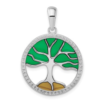 De-Ani Sterling Silver Rhodium-Plated Polished Enameled Tree of Life Pendant