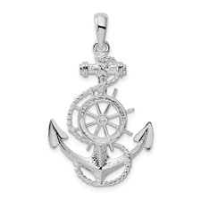 Image of De-Ani Sterling Silver Rhodium-Plated Polished Anchor with Ships Wheel Pendant