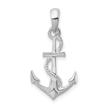 De-Ani Sterling Silver Rhodium-Plated Polished and Textured 3D Anchor with Rope Pendant