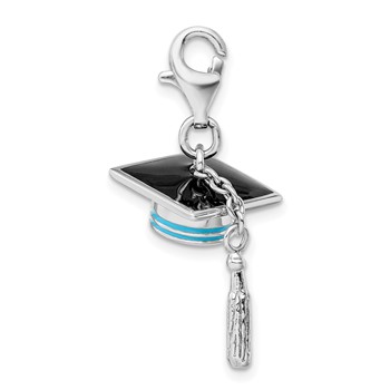 Amore La Vita Sterling Silver Rhodium-plated Polished 3-D Moveable Blue Enameled Graduation Cap Charm with Fancy Lobster Clasp — alternate view