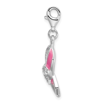 Amore La Vita Sterling Silver Rhodium-plated Polished 3-D Enameled With CZ Pink Awareness Ribbon and Heart Charm with Fancy Lobster Clasp — alternate view
