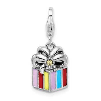Amore La Vita Sterling Silver Rhodium-plated Polished Yellow Crystal Enameled Present Charm with Fancy Lobster Clasp