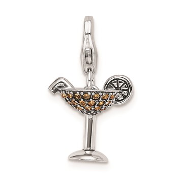 Sterling Silver Rhodium Yellow Crystal Martini Glass w/Lobster Clasp Charm