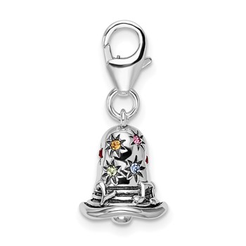 Amore La Vita Sterling Silver Rhodium-plated Polished 3-D Pink Red Blue Yellow and Green Crystal Bell Charm with Fancy Lobster Clasp — alternate view