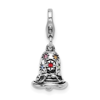 Amore La Vita Sterling Silver Rhodium-plated Polished 3-D Pink Red Blue Yellow and Green Crystal Bell Charm with Fancy Lobster Clasp