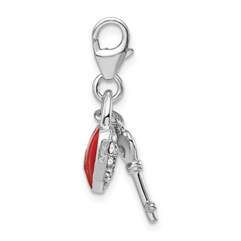 Amore La Vita Sterling Silver Rhodium-plated Polished Reversible Red Enameled Winged Heart and Key with Crystal Charm with Fancy Lobster Clasp — alternate view