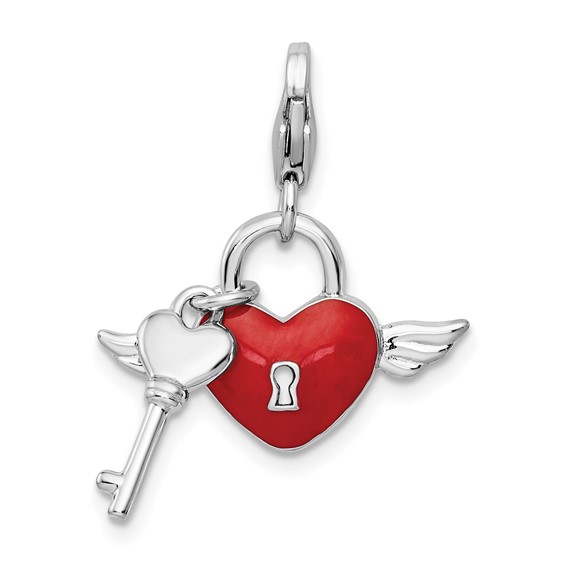 Amore La Vita Sterling Silver Rhodium-plated Polished Reversible Red  Enameled Winged Heart and Key with Crystal From Swarovski Charm with Fancy  Lobster Clasp - Quality Gold