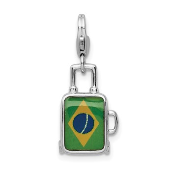 Amore La Vita Sterling Silver Rhodium-plated Polished 3-D Enameled Brazilian Flag Suitcase Charm with Fancy Lobster Clasp