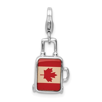 Amore La Vita Sterling Silver Rhodium-plated Polished 3-D Enameled Canadian Flag Suitcase Charm with Fancy Lobster Clasp
