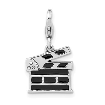 Amore La Vita Sterling Silver Rhodium-plated Polished Antiqued Black Enameled Clapperboard Charm with Fancy Lobster Clasp