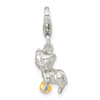 Amore La Vita Sterling Silver Rhodium-plated and Gold-plated Polished 3-D Cat and Ball Charm with Fancy Lobster Clasp