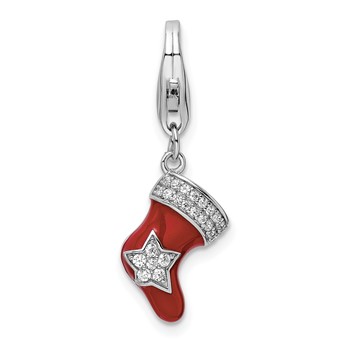 Amore La Vita Sterling Silver Rhodium-plated Polished CZ Enameled Christmas Stocking Charm with Fancy Lobster Clasp
